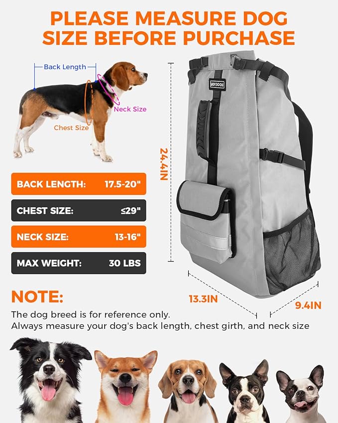 Dog Backpack Carrier for Medium Dogs - 4-Layer Protection, Under 30 lb, Waterproof, Adjustable Dog Hiking Backpack with Storage Pockets, Reflective Strips, Non-Slip Handle for Travel - Grey