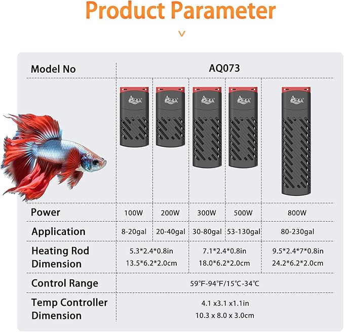 AQQA 800W Aquarium Heater PTC for Fish Tank 80-230 Gallon Submersible Thermostat Adjustable Temp Range 59-94℉ with Intelligent Overheat & Out-of-Water Auto Shut-Off Protection (800W for 80-230Gal)