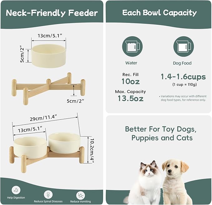 Havniva Ceramic 5.1inch Raised Double Bowls Set with Wooden Stand, Elevated Food & Water Bowls for Small Breed Dogs, Cats, Kitty, Weighted Dog Dishes, Pet Bowls(13.5oz, Light Yellow)