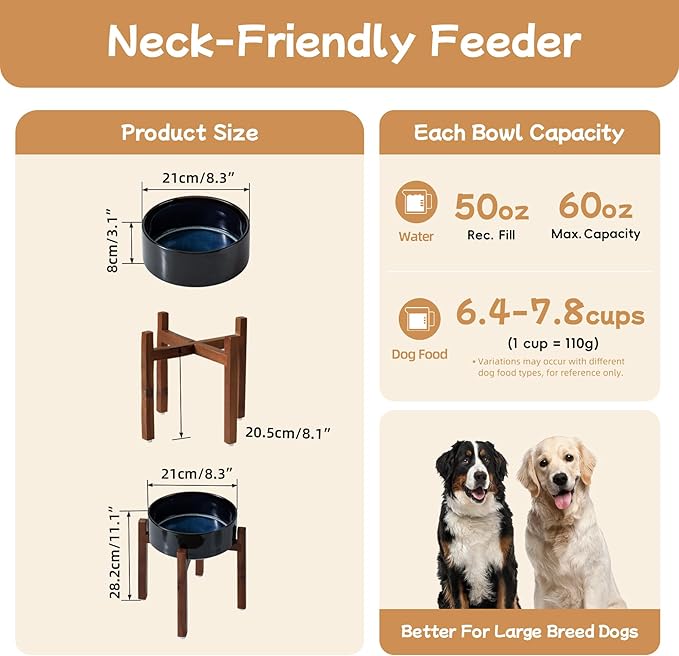 Havniva 8.2" Elevated Dog Bowls Set, Ceramic Raised Dog Bowl with Non-Slip Stand (Acacia Wood) Weighted Dog Food & Water Bowl Set for Large Breed Dogs - 7.6 Cups 60 oz