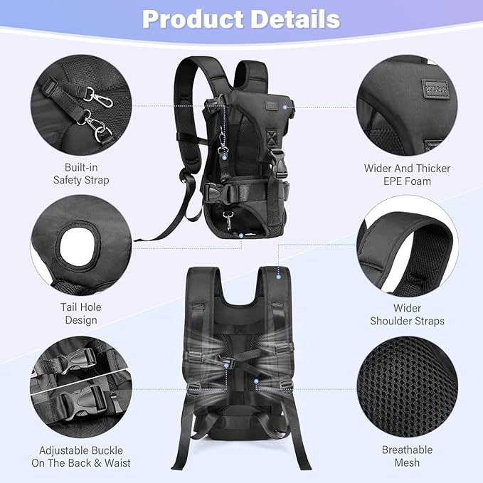YUDODO Front Pet Carrier Backpack for Small Dogs and Cats, Secure and Breathable Mesh Travel Dog Carrier with Safety Belt, Ergonomic Support, Adjustable for Walking, Hiking (Black-Pro M)