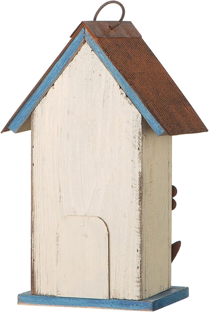 Glitzhome Bird House for Outdoor Hanging, 10.2" H Garden Decorative Birdhouse Pet Cottage Distressed Wooden Bird House for Outside, Bird Nest Box for Bluebird Wren Chickadee Sparrow, Flower White