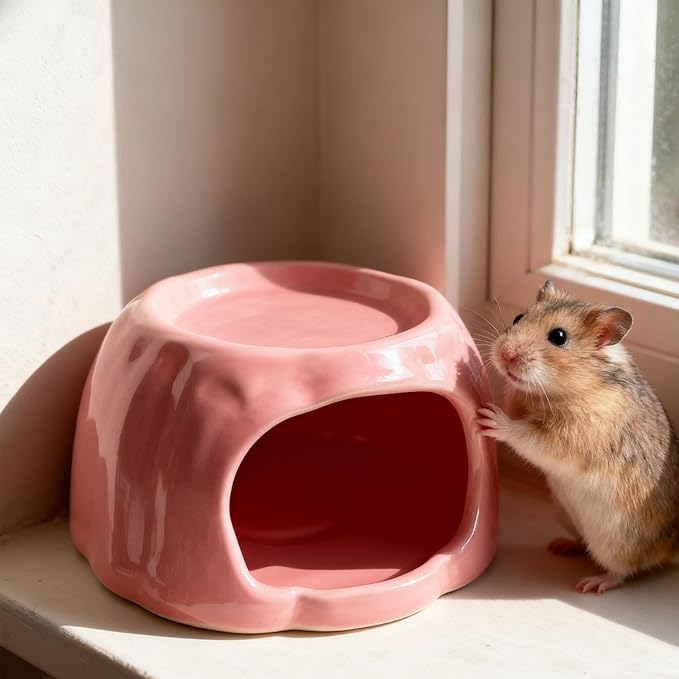 Hamster House Ceramic Hideout Small Animal Food Bowl Pudding Shaped Decorative Habitat Suitable for Hamster Cage Pet Gift Home Decoration, Pink
