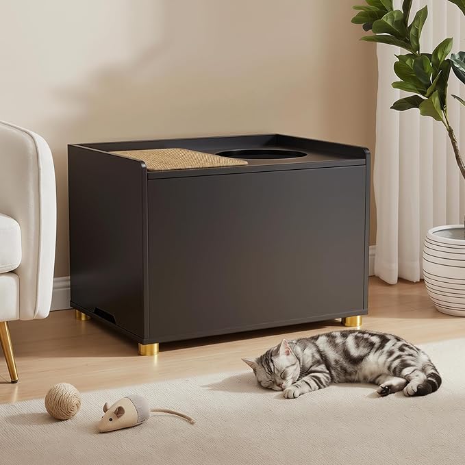 Amunrbrek Top Entry Litter Box Enclosure, Flip Top Cat Litter Box Furniture with Scratch Mat, Stylish Hidden Cat Washroom for Large Cats (Black)