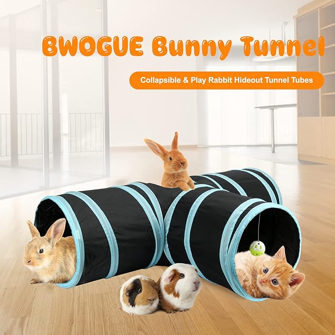 BWOGUE Bunny Tunnels & Tubes Collapsible 3 Way Bunnys Hideout Small Animal Activity Tunnel Toys for Dwarf Rabbits Guinea Pigs Kitty