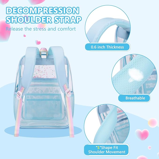 MOONBABY Clear Backpack for School Girls, Heavy Duty TPU Transparent Backpack Stadium Events Approved, Clear Bookbag