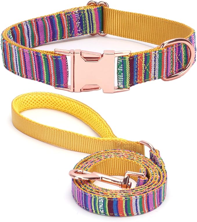 Dog Collar and Leash Set for Dogs Walking Bohemia Ethnic Style | Soft Durable Nylon Adjustable Collar with Metal Buckle 5ft Matching Leash with Padded Handle for Small Medium Large Dogs
