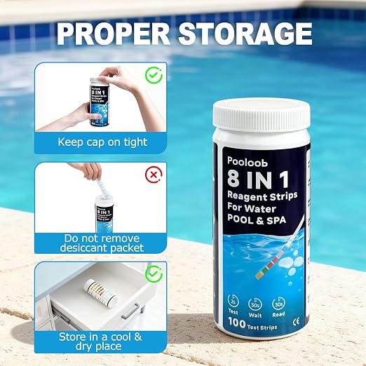 Pooloob 8-in-1 Pool and Spa Test Strips, 100 Count Water Testing Kit for Saltwater & Chlorine Pools - Tests pH, Salt, Free Chlorine, Bromine, Alkalinity, Hardness, Cyanuric Acid & Total Chlorine
