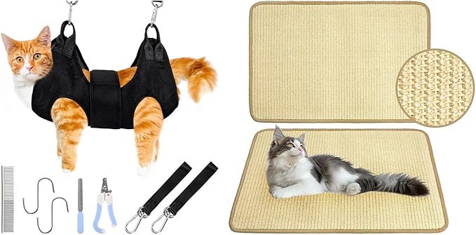 PatiencET Bundle of 1 Set Cat Grooming Hammock and 2 Pack Cat Scratching Mat for Couch, Carpet, Sofa