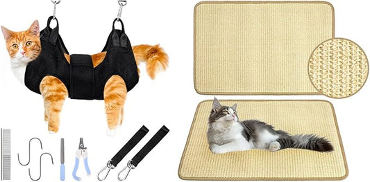 PatiencET Bundle of 1 Set Cat Grooming Hammock and 2 Pack Cat Scratching Mat for Couch, Carpet, Sofa
