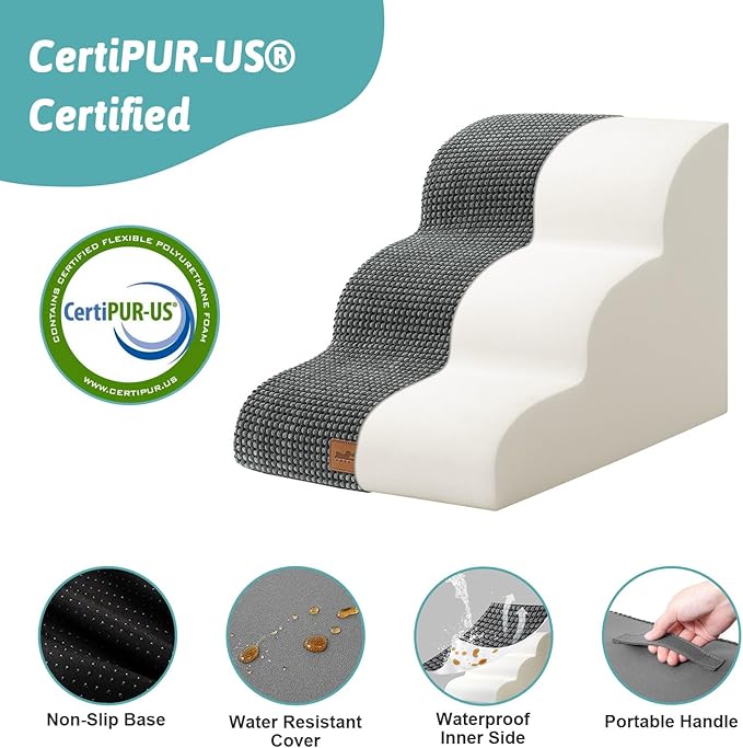 COZY KISS Wide Dog Stairs for Small Dog 15.7" H, Pet Step for Puppy, Older Cat, Curved Ramp for Couch, Durable Anti-Slip Ladder with High Density Foam, 3 Step, 17.7x22.4x15.7 inch, Charcoal Grey