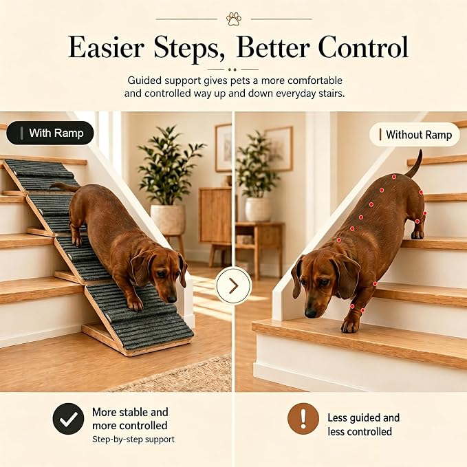 4 Pack Dog Ramp for Stairs – Solid Wood Adjustable & Foldable, 4 Heights, Non-Slip Silicone Base, Traction Felt, Raised Pause Strip, 35lb for Small & Senior Dogs