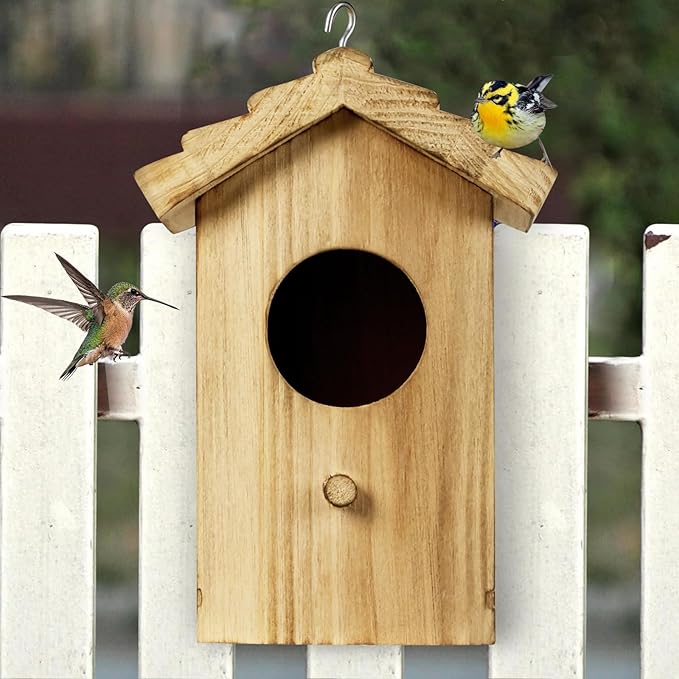 NATUREYLWL Wooden Hummingbird House, Small Birdhouse for Outside, Hanging Mini Bird House for Hummingbirds, Natural Solid Wood for Hummingbird Nesting (Dimensions 5.9 x 3.7 x 4.2 inch)