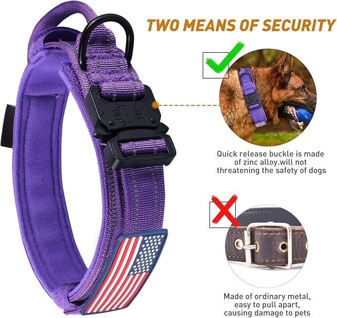 AUBELL Reflective Tactical Dog Collar,Adjustable Military Heavy Duty K9 Collars with Handle and Quick Release Metal Buckle Great for Extra Large Dogs, with Airtag Case and 2 Patches (Purple,XL)