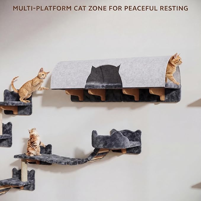 Cat Wall Shelves, Wall Mounted Cat Shelf Furniture with Plush Fabric(16 Piece Set), Cats Furniture with 40''L Tunnel, Condos, House, Steps, Bridge Ladder and Scratching Post, Grey