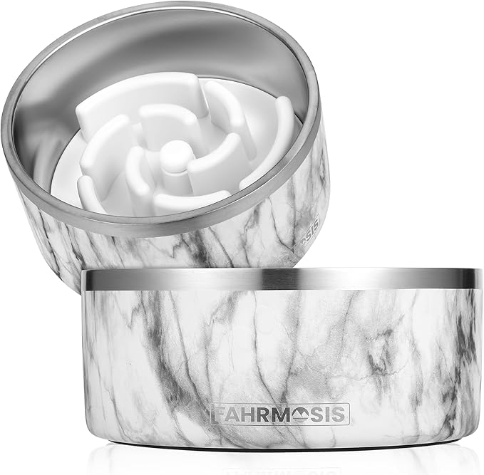FAHRMOSIS 64 OZ Dog Bowl with Slow Feeder Insert Stainless Steel Pet Water Bowl for Medium & Large Breed Non Slip Rubber Base & Plastic Puzzle Feeder - White Marble