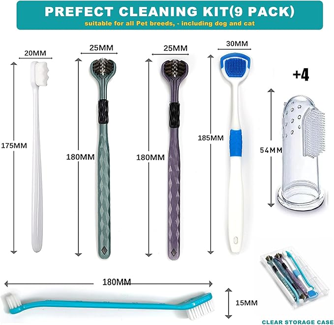 Dog Toothbrush Kit, 360-Degree Finger Three-Sided Design, Non Slip Dual Head Dog Toothbrush, Easy Teeth Cleaning and Dental Care (9 Pack)