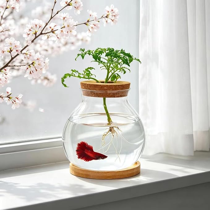 0.5 Gallon Betta Fish Tank, Desktop Aquarium Kit for Betta Goldfish, Glass Fish Bowl with Lid and Stand, Office Home Decor