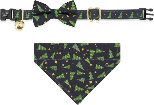 Ultra Joys Cat Collar with Bells - Breakaway for Cats, Boy & Girl Cat Collars Kitten Collar with Bell - Break Away Collar for Cats - Breakaway Cat Collar with Bandana and Bowtie Christmas Tree Small