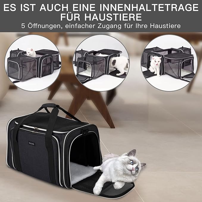 BAGLHER Cat Carrier Bag,Airline Approved Pet Carrier Soft Side Pet Travel 5 Sides Open Doors 3 Sides Expandable Foldable Dog Carrier with Fleece Pad
