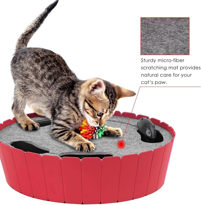 Pawaboo Interactive Cat Toy with Running Mouse, Electronic Motion Cat Toy Automatic Teaser for Indoor Cats, Pop and Play Hide Seek Cats Toys Hunting Mouse for Pet Kitten Play Fun Exercise, Red
