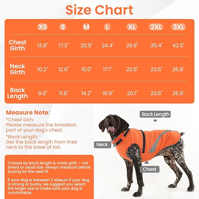 QBLEEV Dog Coat for Large Dogs, XL Dog Jacket for Winter Snow Waterproof with Built-in D-Ring Harness, Reflective Warm Thick Fleece Safety Vest, Cold Weather Snowsuit with Zip, Orange, XL