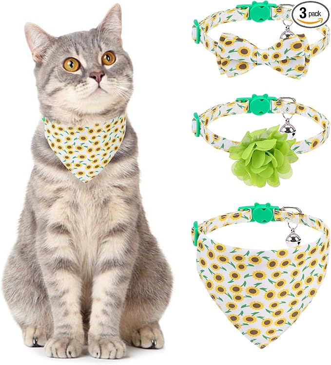 Breakaway Cat Collars with Bell & Cute Pendants - 3 Pack Adjustable Safety Kitten Collars - Decoration for Girl Boy Cats Puppy and Small Pets (Style C - Sunflower)