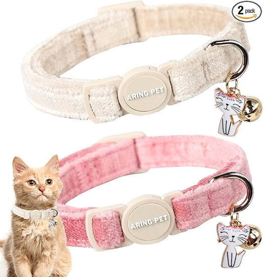 ARING PET 2 Pack Cat Collar-Cute Cotton Cat Collar with Bell & Pendant, Adjustable Pink Khaki Kitten Collars with Safety Buckle for Girl and Boy Pets