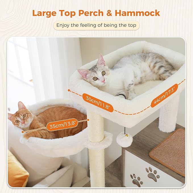 PAWZ Road Large Cat Tree with Food Station, 74.8 Inches Wooden Tall Cat Tower with Extra Large Condos and Hammocks,Spacious Perch,Sisal and Steel Posts, Scratching Mat for Indoor Adult Cats-Gray