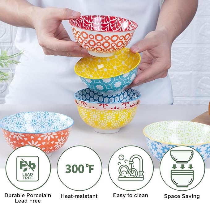 AntoKueh Set of 6 10oz Colorful Ceramic Bowls – 4.7-inch Small Bowls Perfect for Snack, Dessert, Sauce, or Dipping. Microwave & Oven Safe Porcelain