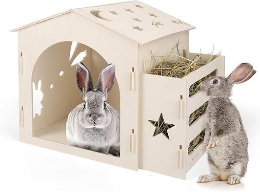 Medium Rabbit Castle, Wooden Bunny House & Hay Feeder, Detachable Rabbit Hideaway, Indoor Hamster Castle, Small Animal Houses & Habitats for Guinea Pig Chinchilla Ferret(1 House with Feeder)