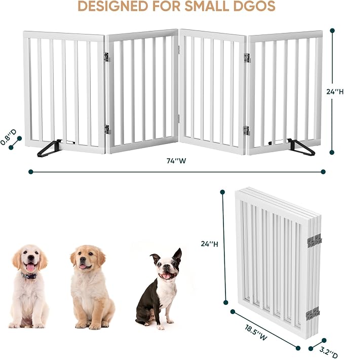 Semiocthome Bamboo Dog Gate with 2 Stands, Freestanding Puppy Gate for Doorways & Stairs - 24" Height, 4 Panels, Adjustable White Safety Fence