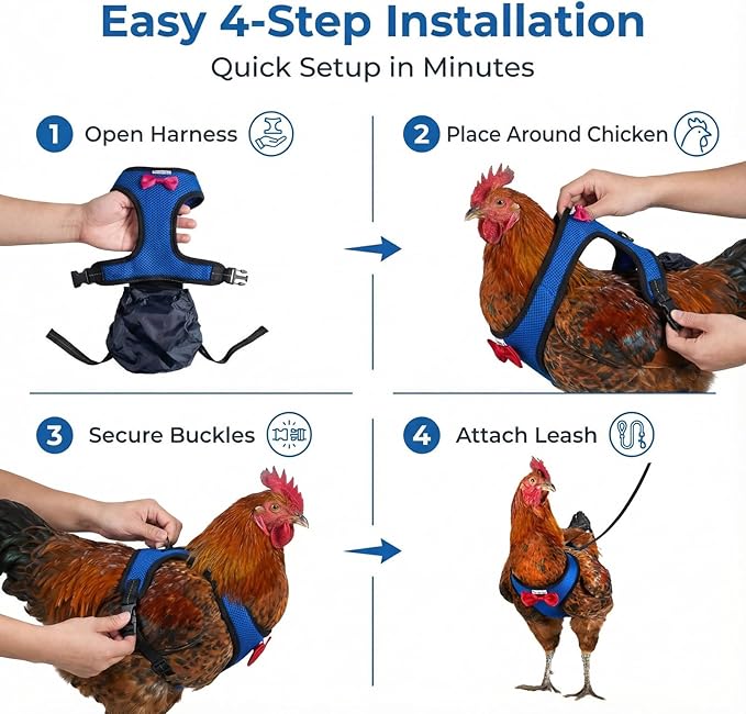 1-Pack Washable Poultry Diaper Harness | Leak-Resistant Chicken Duck Diaper with Poop Bag & Reflective Strips | Lab-Tested 12-Hour Dryness | Adjustable Vest Design (Small, Blue)