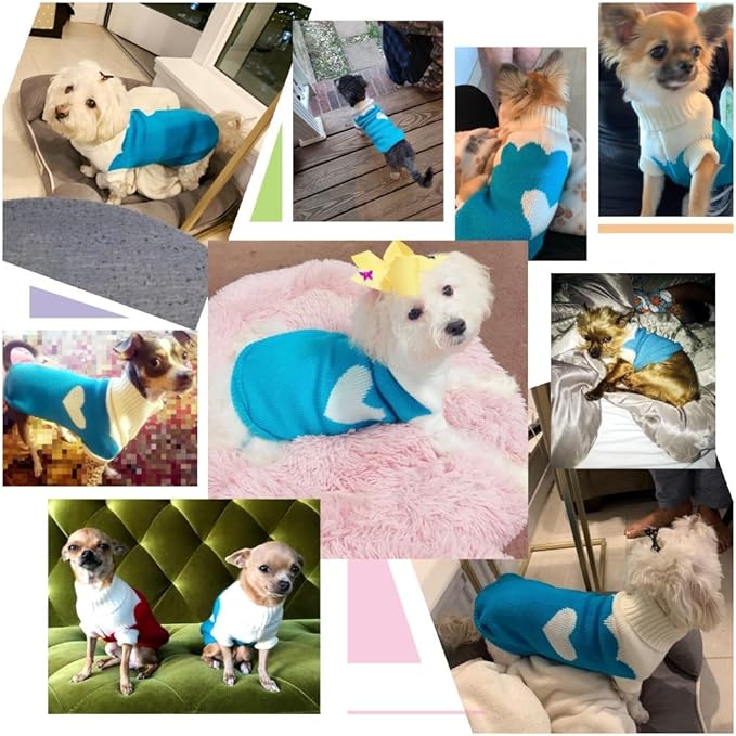 CHBORCHICEN Pet Dog Sweaters Classic Knitwear Turtleneck Winter Warm Puppy Clothing Cute Strawberry and Heart Doggie Sweater (Sky Blue, X-Small)