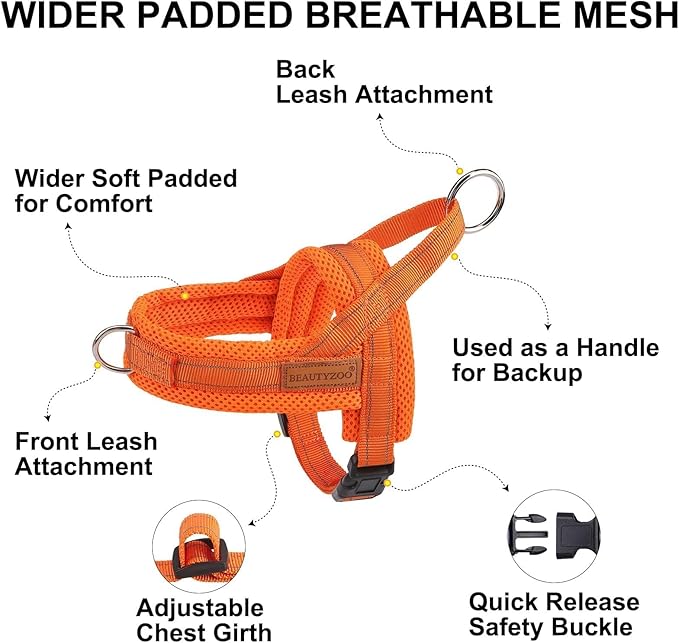 BEAUTYZOO No Pull Dog Harness Medium Sized Dog, Breathable Mesh Padded Dog Harness and Leash Set, Adjustable Reflective Escape Proof Dog Vest Harnessss Quick Fit for Training Walking, Orange M