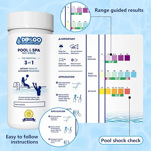 DIP&GO Pool and Spa Test Strips - 125 Test Strips for Pool and Hot Tub | Pool Test Kit for pH, Total Alkalinity, Free Chlorine