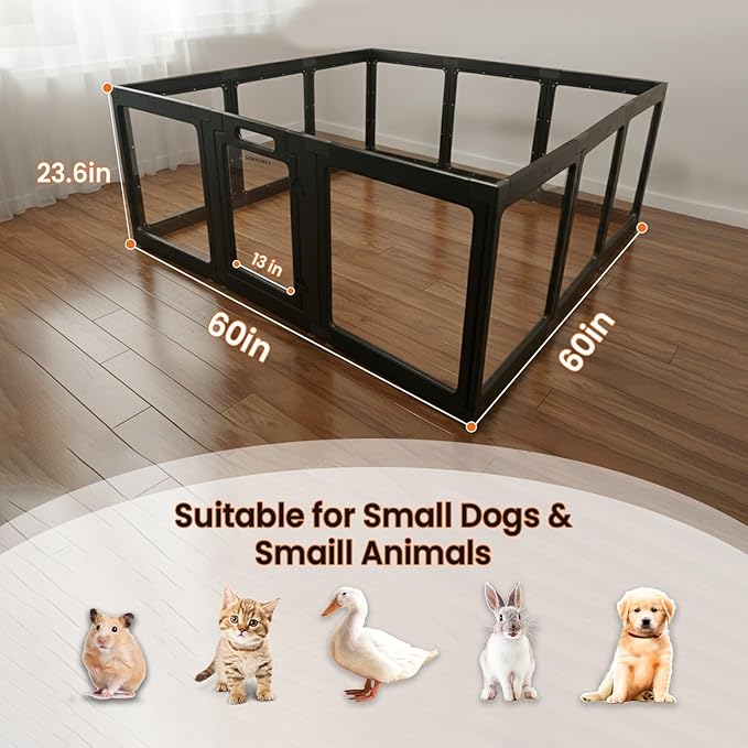 Transparent Indoor Dog Playpen with Safety Lock, Indoor Dog Fence for Small & Medium Pets | Secure, Stylish, Easy Clean Play Pen for Dogs & Pets with Scratch Resistant Panels (Black, 12 Panels)