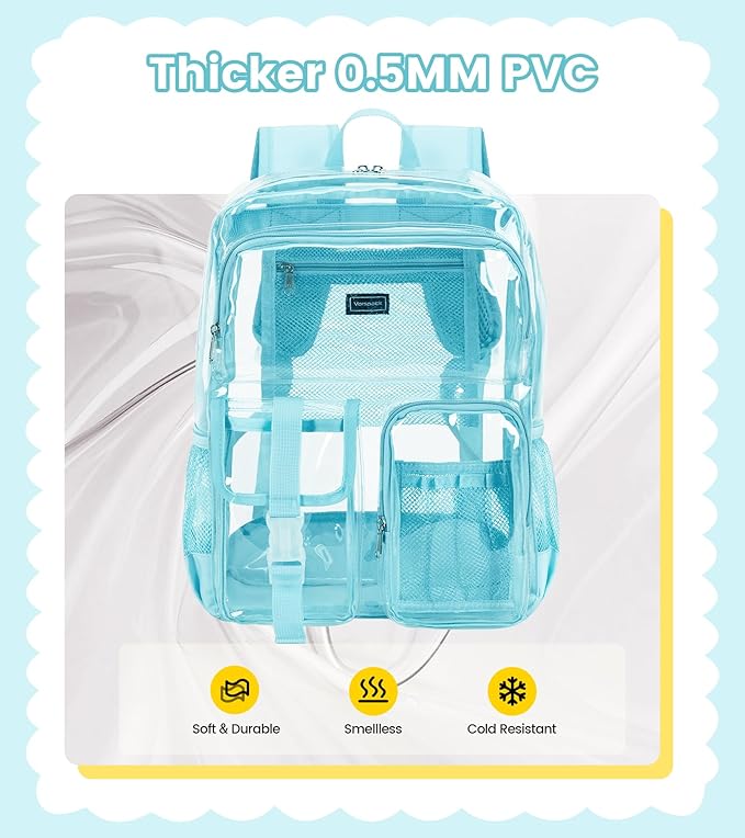 Vorspack Clear Backpack - Heavy Duty Transparent Bookbag for Adults Large See Through backpacks for Work, College, Travel - Sky Blue