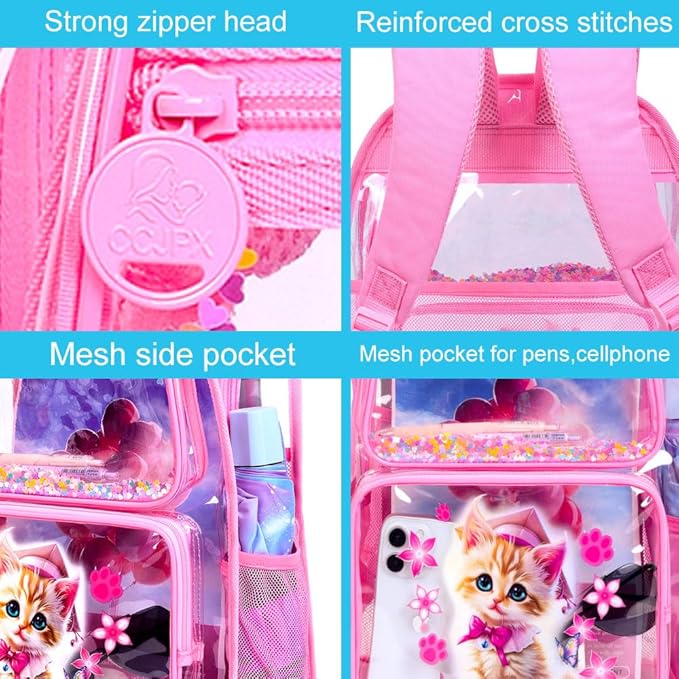 AGSDON 3PCS Clear Backpack for Girls, See Through Backpacks for Kids with Lunch Box, Heavy Duty Transparent Bookbag - Cat