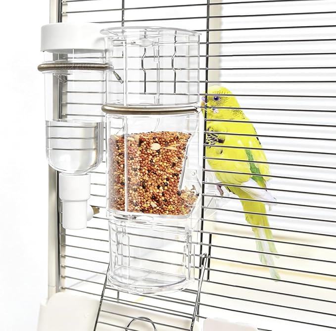 No Mess Automatic Bird Feeder & Water Dispenser Set, Transparent Parrot Cage Accessories - Food Container and Drinker for Parakeets, Cockatiels, Finches, Lovebirds, Budgies, Canaries