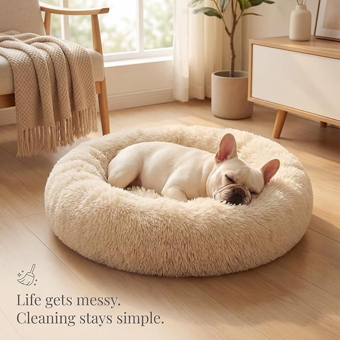 Calming Donut Dogs Beds for Small Dogs Washable,28inch Plush Round Pet Bed for Cozy Sleep,Fluffy Faux Fur Large Cat Bed,Fits up to 30 lbs Pets,Beige