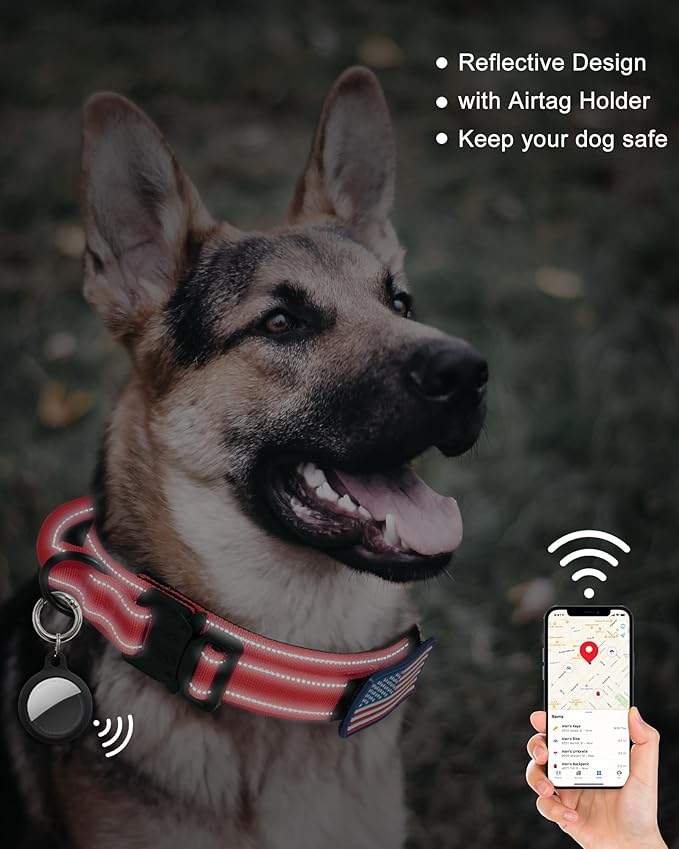 AUBELL Reflective Tactical Dog Collar,Adjustable Military Heavy Duty K9 Collars with Handle and Quick Release Metal Buckle Great for Extra Large Dogs, with Airtag Case and 2 Patches (Red,XL)