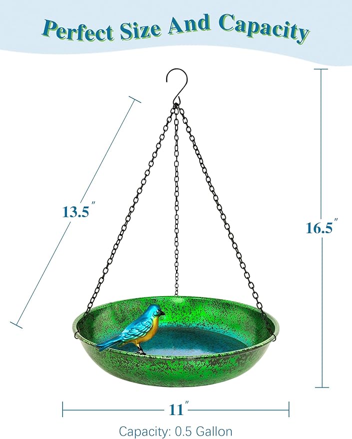 Hanging Bird Bath for Outside, 11” Metallic Green & Blue Metal Birdbath Bowl & Feeder with Black Chain Outdoor Garden Yard Decor (0.5 Gallon)