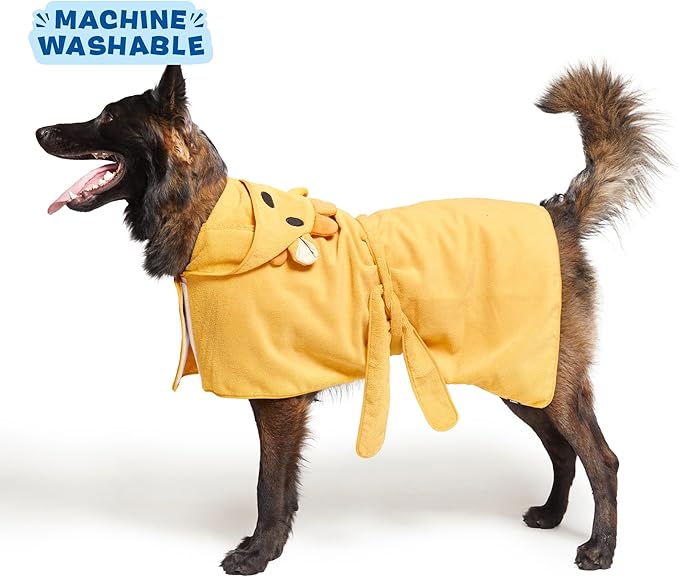 Barkbox Dog Bathrobe Fast Drying with Hook and Loop Closure & Wrap Tie Snuggle, Cute Dogs Clothes, Easy to Clean, Machine Washable, Dog Coats and Tumble Dry Low - Lion, Large