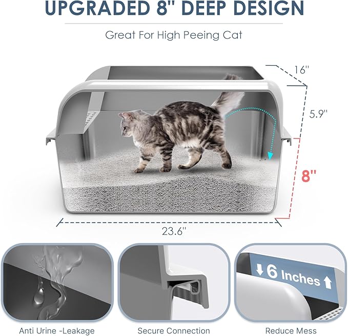 Suzzipaws 8" Deep Stainless Steel Cat Litter Box with Lid Extra Large Litter Box for Big Cats XL Metal Litter Box Pan with High Wall Sides Enclosure, Non-Sticky, Anti-Leakage, Easy Cleaning