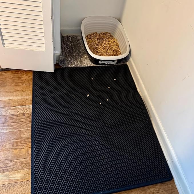 Waretary Cat Litter Box Mat: 36"x 30" Waterproof Kitty Cat Litter Trapping Mat, Easy-clean Double-layer Scatter Control Pad Rug (Black)
