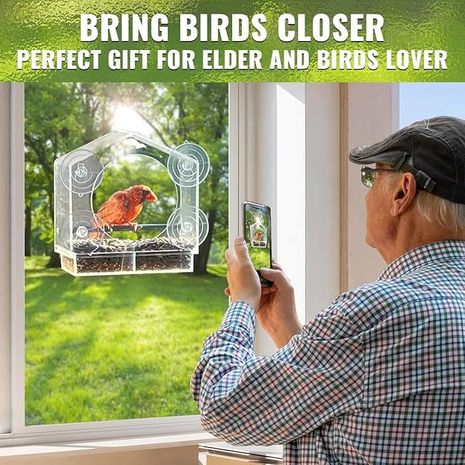 Window Bird Feeder - 4 Strong 2.36" Suction Cups - Clear Acrylic Birdhouse for Outdoors, Removable Tray, Birdwatching Gift for Parents