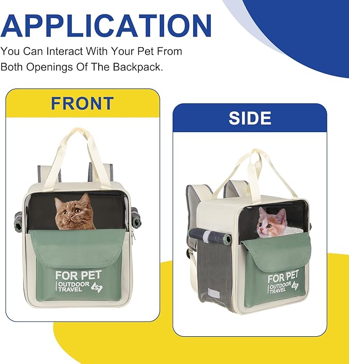 Pet Backpack Carrier, Portable and Ventilated, Oxford Cloth, Dogs Cats and Small Animals Travel Bag 12.6" Up to 16.5 Lbs, (Green), Intended for Hiking/Camping/Traveling