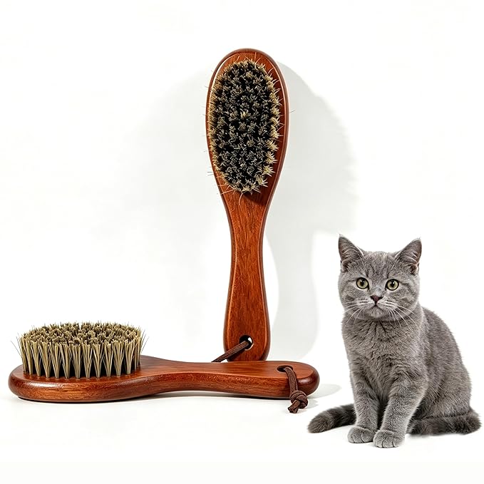 Boar Bristle Cat Hair Brush,Gentle Grooming Brush for Short Haired Cats, Kittens, Small Dogs, Rabbit, Furry Pets Soft Natural Bristles Pet Brush with Wooden Handle for Sensitive Skin