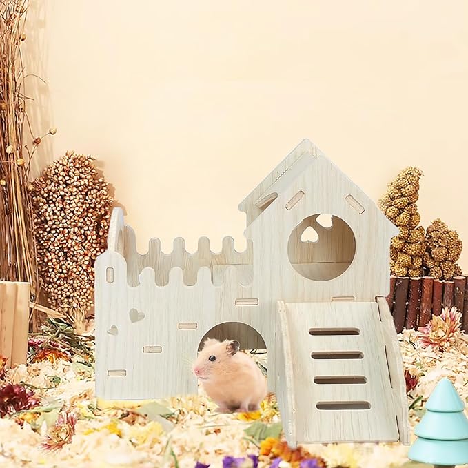 Wood Hamster Hideout House Habitat Wooden Maze Hide Hut with Climbing Ladder and Platform Cage Accessories Toys for Dwarf Gerbils Mouse Mice Rat Other Small Animals etc.